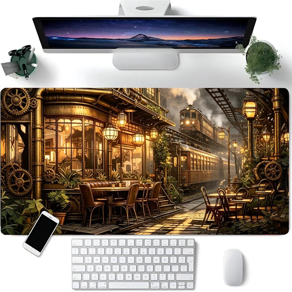 Gaming Accessories Retro - レトロインダストリアル風駅舎デスクパッド、真鍮ギアウォームランプ、アウトドアダイニングマウスパッド、ノートパソコン作業学習用アクセサリー